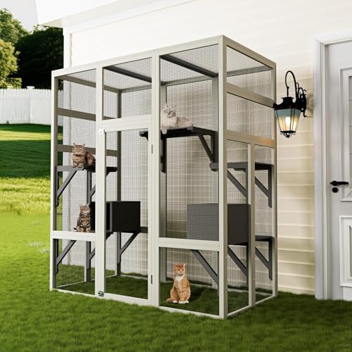 70-Inch Large Catio Enclosure, UV-Protected, Wooden Frame and Rust-Resistant Steel Mesh, Cat House with 2 Lounging Boxes and Platforms, for Patio or Backyard Garvee