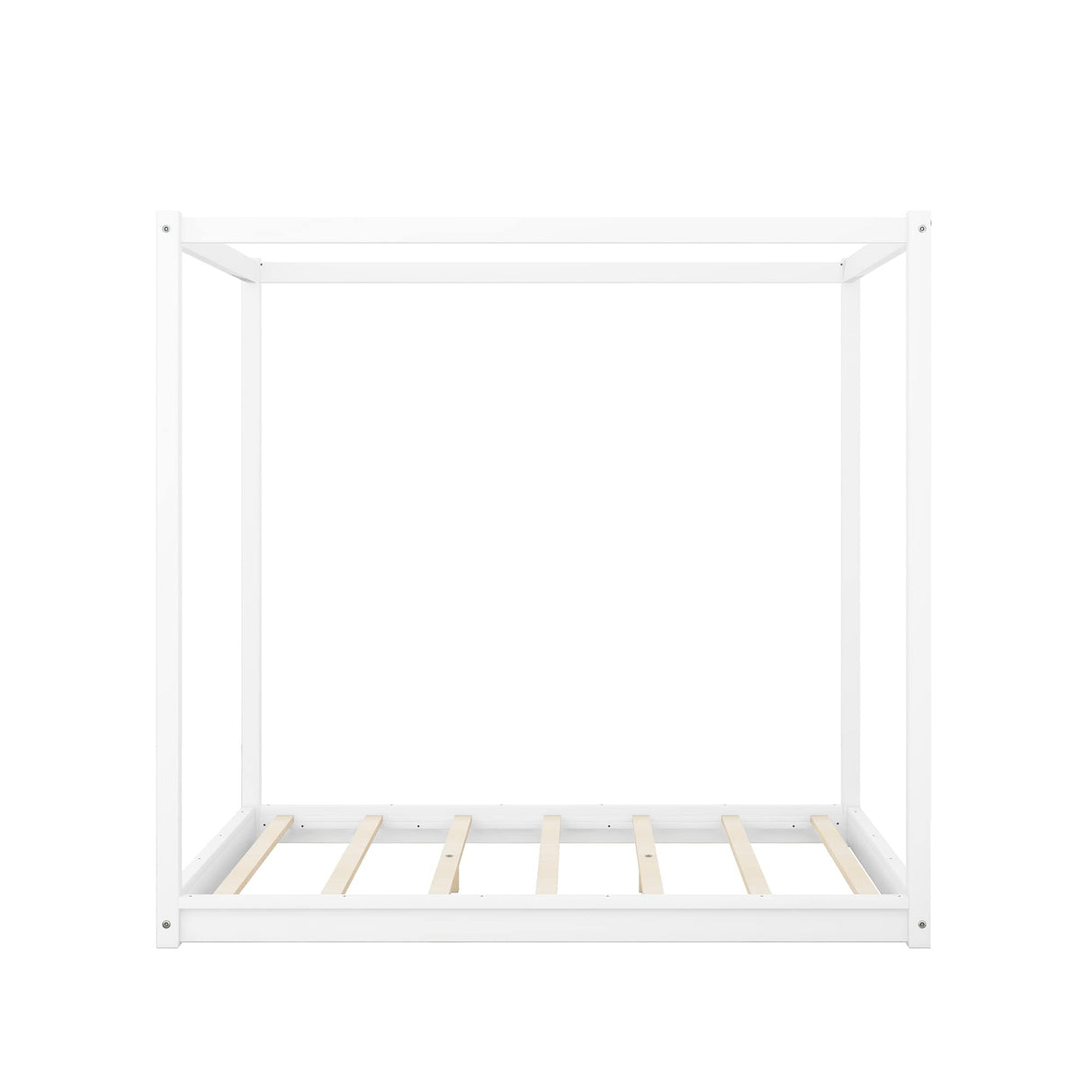 MWrouqfur 4-Poster Queen Size Canopy Floor Bed Frame,Morden Wood Low Profile Platform Beds with Wooden Slats Support, No Box Spring Needed (White) MWrouqfur