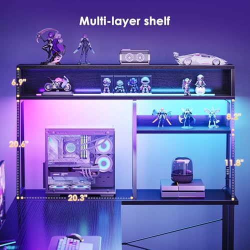 AODK L Shaped Gaming Desk with Led Lights, 59 Inch Reversible Gaming Computer Desk with Display Shelves, PC Gamer Desk Gamer Table with Storage Bag, L Desk for Game, Black AODK
