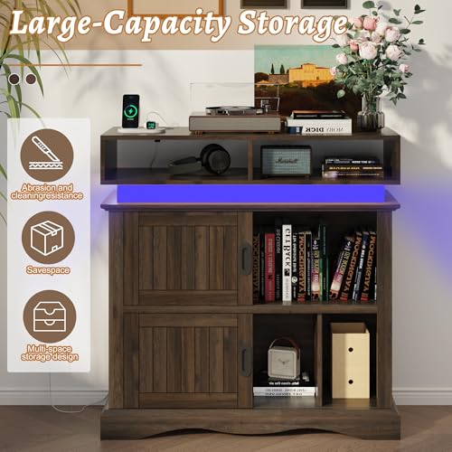 St.Mandyu Record Player Stand with Sliding Doors, 15.7" D x 39.4" W x 40" H Record Storage Cabinet with Charging Station Holds Up to 450 Albums, Vinyl Display Shelf for Living Room, Walnut St.Mandyu