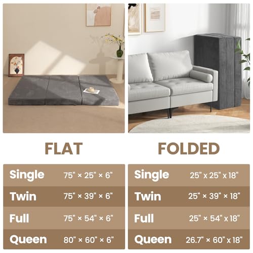 feliz home 6-Inch Tri-Fold Mattress Single Size - Foldable Futon Sofa Bed with Removable Washable Cover, Folding Memory Foam Futon Mattress | Non-Slip Bottom & Carry Handles for Guest, Camping, Dorm feliz home