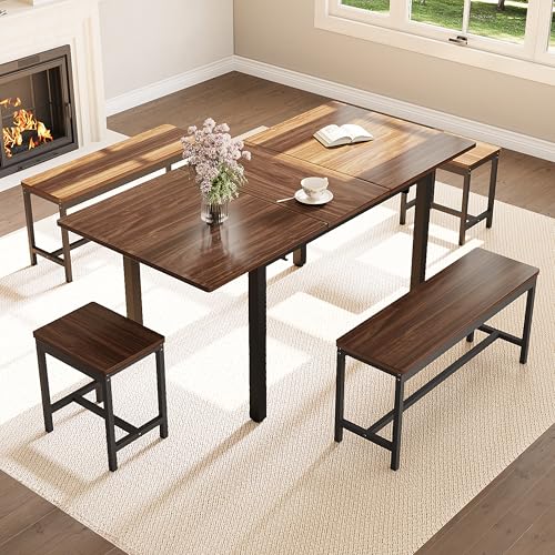 GarveeHome 5-Piece Dining Table Set for 4-8 People, 63 in Large Extendable Kitchen Table Set with 2 Benches and 2 Square Stools, Modern Dining Room Furniture Sets, Easy Assembly, Espresso GarveeHome