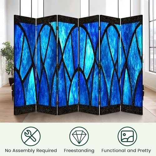 6 Panels Folding Screen Room Divider Blue Stained Glass Window Seamless for Modern Design Luxury Interior Canvas Screen Room Separator Freestanding Protective Decorative Divider Privacy Partition VETEB