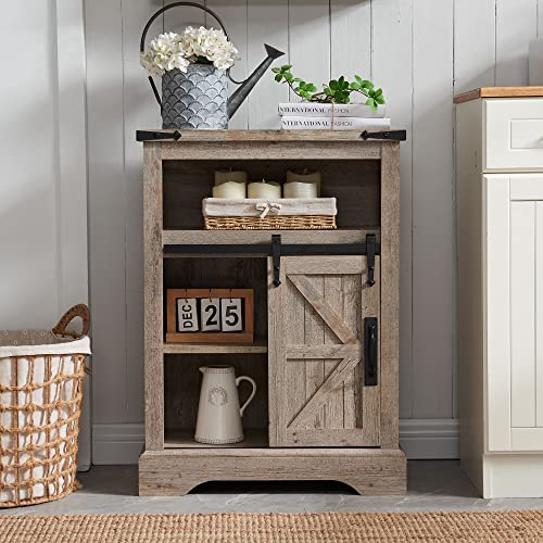 OKD Bathroom Floor Cabinet, Farmhouse Storage Cabinet with Sliding Barn Door & Storage Drawers, Small Storage Cabinet for Bathroom, Kitchen, Living Room, Light Rustic Oak OKD
