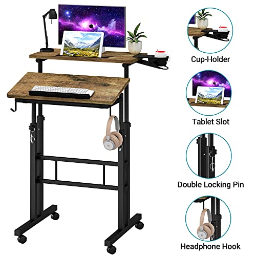 Klvied Rolling Mobile Desk with Cup Holder, Portable, Adjustable Height Small Stand up Desk on Wheels for Home Office Laptop Cart, Computer, Standing or Sitting,Oak Klvied