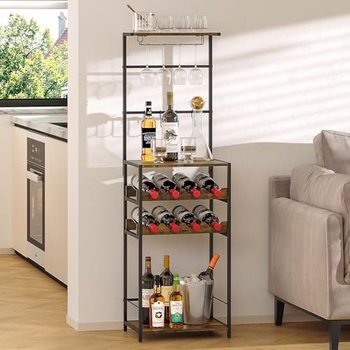 5-Tier Wine Rack Freestanding Floor, Liquor Bar Stand with Glasses Holder and 4 S Hooks, Corner Mini Bar Cabinet for Small Space, 8 Bottles Wine Bar Cabinet for Home, 11.81"D x 16.53"W x 53.55"H DAOUTIME