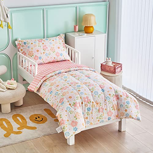 Joyreap 4 Piece Cotton Toddler Bedding Set for Girls, Pink Flowers Design, Soft n Breathable Cotton Toddler Comforter Set, Includes Quilted Comforter, Fitted Sheet, Top Sheet, and Pillow Case Joyreap