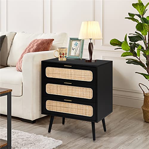 QHITTY Drawer Dresser Set of 2, Rattan Chest of Drawers with 3 Drawers Dresser, Accent Storage Cabinet Modern Bedside Table for Living Room, Bedroom, Entryway (Black) QHITTY