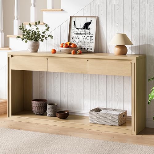 Treocho 63.9" Long Console Tables for Entryway, Farmhouse Entryway Table with Drawers, Narrow Sofa Table Behind Couch Table for Living Room, Entrance, Hallway, Natural Treocho