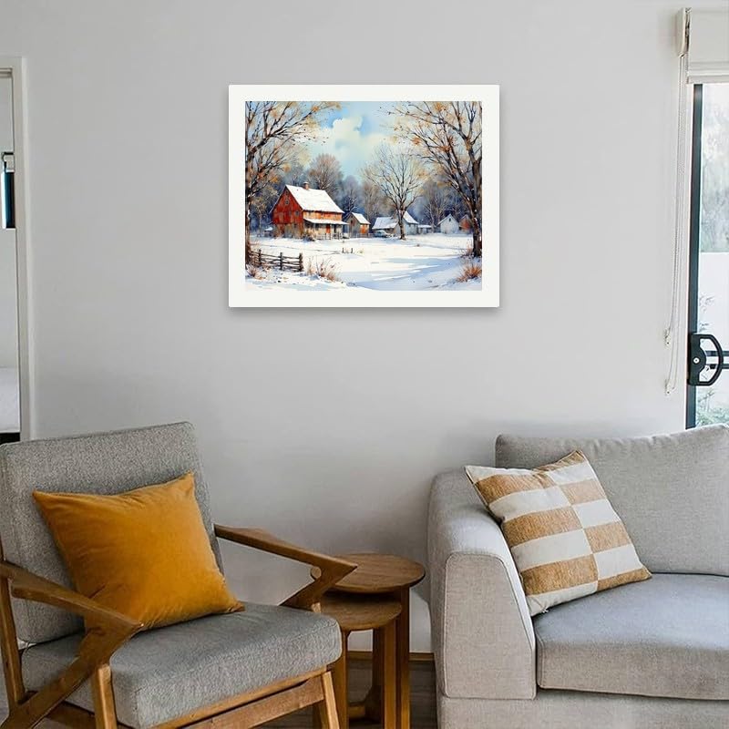 Country Winter Paint by Numbers Kit for Adults - DIY Snowy Red Barn and Rural Houses Painting on Canvas 16x20 Inches, Acrylic Paint Set, Suitable for Beginners, Art for Home Decoration or Gifts DecorFriday