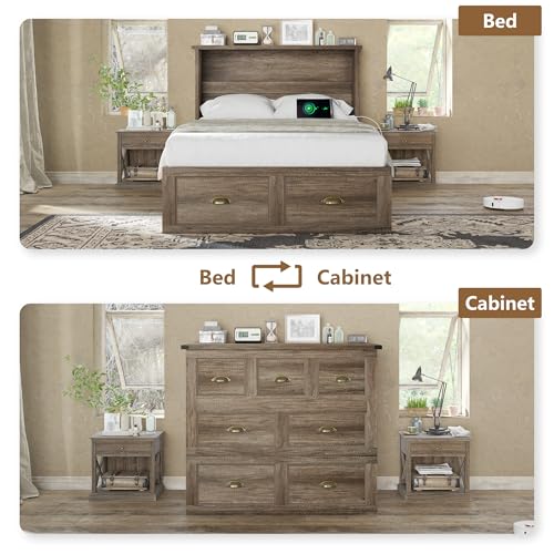 AMERLIFE Twin Size Murphy Bed, Farmhouse Wooden Cabinet with Charging Station and Storage Drawer for Bedroom/Office/Guest Room, Grey Oak AMERLIFE