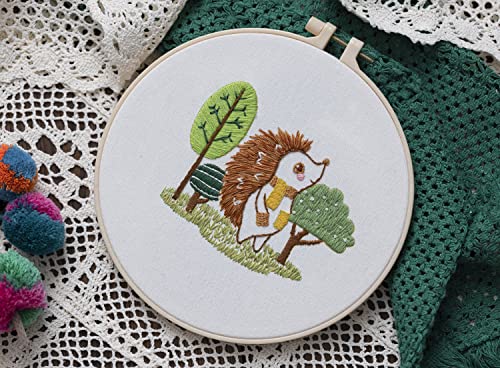 Ebherys Level 1 Embroidery Kits for Beginners and Adults, Different Animals Pattern, 1set as a Pack, inculde 1 Hoop, Instruction and Enough Threads, Easy and Basic Stitches (Hedgehog)