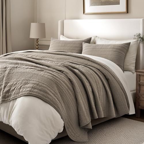 EVERGRACEHOME 100% Cotton Modern Lines Quilt Set King Size, Pre-Washed Soft Striped Coverlet Bedspread, 3 Piece Lightweight Bedding Set for All Season, with 2 Pillow Shams, Stone Taupe EVERGRACEHOME