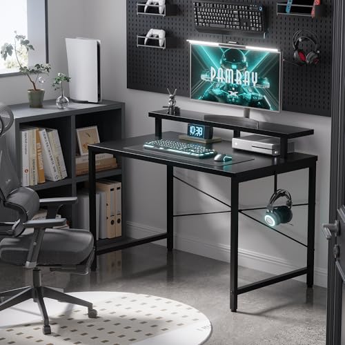 Pamray 32 Inch Small Computer Desk with Monitor Stand, Simple Office Desk with Headphone Hook for Small Spaces, Kids Study Writing Table for Bedroom, Black Pamray