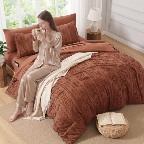 AMBERSPACE Queen Comforter Set Autumn Leaf, Tufted Boho Bedding Farmhouse Bed Set, All Season 7 Pieces Bed in a Bag with Sheets, Pillowcases & Shams AMBERSPACE