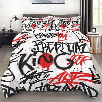 Pamnest Comforter Set Queen Size, City Graffiti Red Black Funny Soft 3 Pcs Bedding for Kids and Adults, Abstract Paint Comforter Set with 2 Pillowcases, for Bedroom Bed Decor