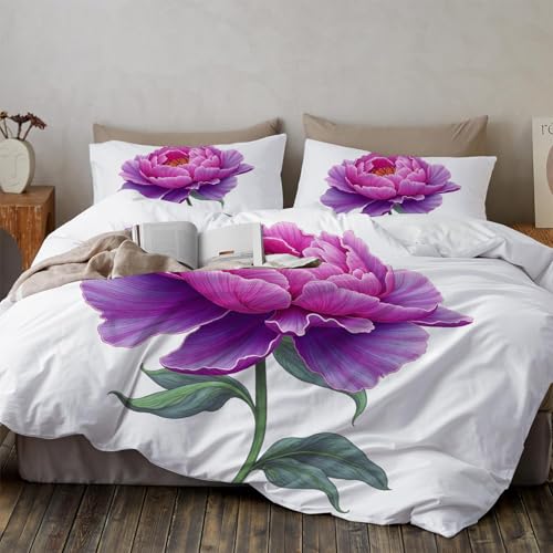 Minimalist Illustrations Duvet Cover Set, Single PeonFlower Printed Bedding with 1 Pillowcases, Twin Microfiber Bed Set for Kids Adults Bedroom Decor, Pinkish-Purple Generic
