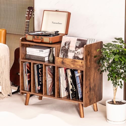 UODERS Record Player Stand, Large Record Player Table Cabinet with Open Vinyl Storage and Display Shelf Holds up to 350 Albums, Mid Century Wood Turntable for Living Room, Bedroom (Brown) UODERS