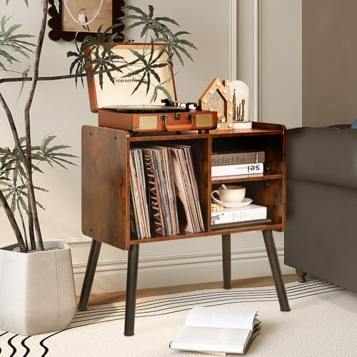 BEROXII Record Player Stand, Mid-Century Record Player Table with Storage Hold Up to 150 Albums , Vinyl Record Cabinet with Adjustable Shelves , Wood Turntable Stand for Living Room Bedroom, (Brown) BEROXII