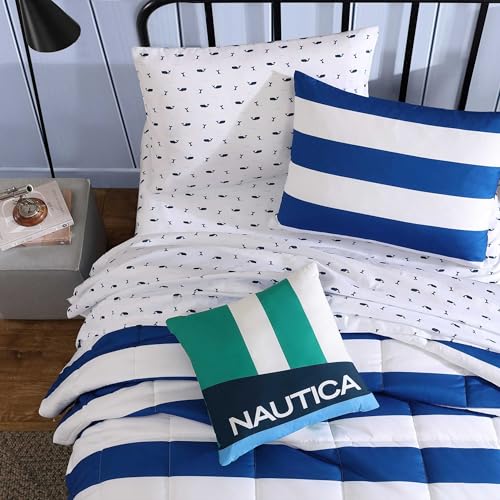 Nautica Kids - Full/Queen Comforter Set, Soft Toddler Bedding with Matching Shams & Throw Pillow, Ideal Boy Room Essentials (Huck Stripe Blue, Full/Queen) Nautica
