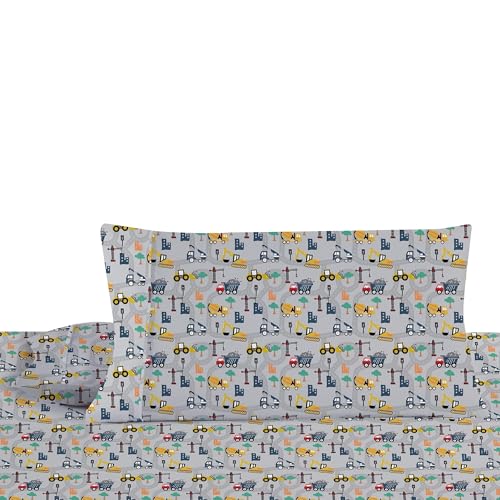 Softan Kids Bed Sheet Set, 3-Piece Twin Sheets Set, Microfiber Fitted Sheet with 15 Inches Deep Pocket and Corner Straps, Breathable & Silky Soft Excavator Pattern Sheet and Pillowcase Sets Softan