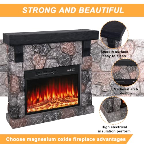BOSSIN 36" Electric Fireplace with Mantel, 23 inch Electric Fireplace Insert, TV Stand Freestanding Heater with Remote Control Timer LED Flame for Living Room Bedroom,Faux Stone Gray BOSSIN