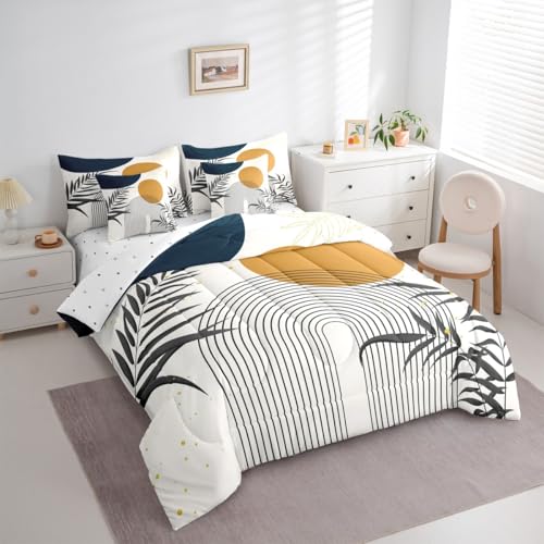 Erosebridal Boho Mid Century Queen 7 Pcs Bedding Set, Contemporary Bohemian Minimalist Comforter Set with Sheets, Abstract Geometric Bed in A Bag, Sage Tropical Palm Leaves Retro Elegant Zen Bed Sets Erosebridal