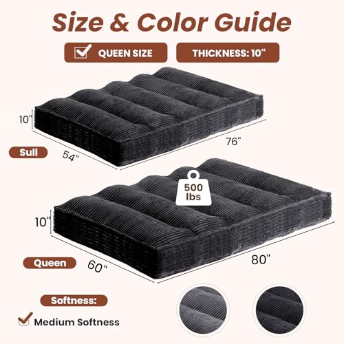 feliz home 10" Futon Mattress Queen Size,Futons Sofa Couch Bed with Straps, Thick Corduroy Floor Mattress for Adults, Roll Up Folding Mattress Shredded Foam Filling, Medium Firm (Black, Queen) feliz home