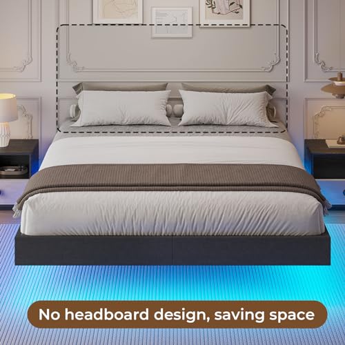 ADORNEVE Floating Queen Bed Frame, LED Bed Frame Linen Upholstered Platform Bed with Underbed Storage Space, Heavy Steel Slats Support, No Box Spring Needed, Noise Free,Dark Grey ADORNEVE