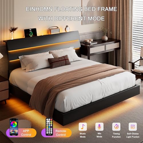 Einhomn Floating Bed Frame King with Led Lights & Charging Station, King Size Platform Bed Frame w/Storage Headboard, Heavy Slats Support, No Box Spring Needed, Easy Assembly, Black Einhomn