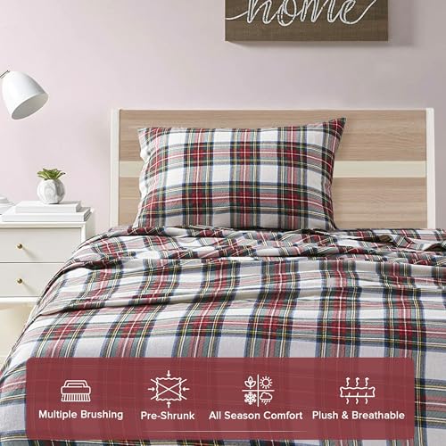 Comfort Spaces Cotton Flannel Sheets Twin Size, Ultra Soft Flannel Sheet Set with 12" Elastic Pocket , Plain Print Warm Flannel Bedding, Scottish Plaid Red 3 Piece Comfort Spaces