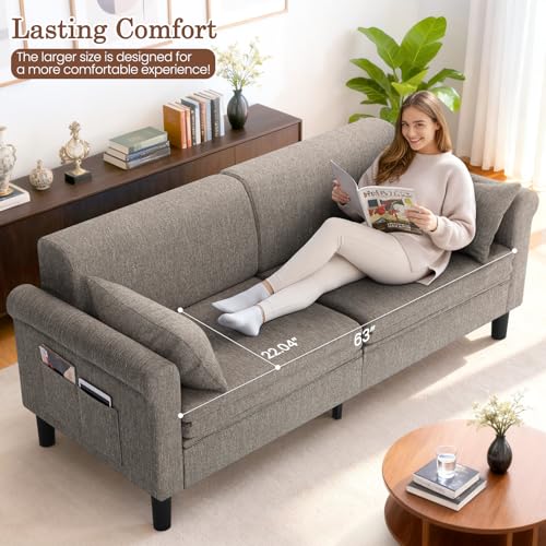 SEJOV 74" Convertible Sofa Bed, 5-in-1 Loveseat Sleeper Sofas with Pull Out Couch Bed, Storage Pockets & 2 Pillows, Modern Folding Linen Futon Couch for Living Room, Bedroom, Small Space, Brown SEJOV