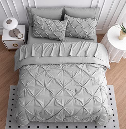 LANE LINEN Twin Sized Comforter Set – 5 Pc Luxury Down-Alternative - Pintuck Stitch Design Bedding - 1 Comforter, 1 Flat Sheet, 1 Fitted Sheet, 1 Pillowcase & 1 Sham - Easy Care, Machine Wash – Silver LANE LINEN