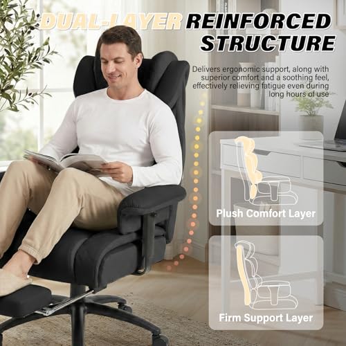 Big and Tall Office Chair 400LBS with Foot Rest & Waist Lumber Support, Ergonomic Gaming Chair with 2D Armrests, High-Back Leather Reclining Executive Chair for Home, Office, Black ChaGeer