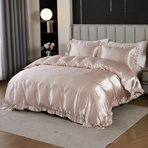 Silk Like Satin Bedding Twin Light Pink Duvet Cover Set Soft Silky Ruffle Comforter Cover Sexy Hotel Silky Bedding Sets 1 Duvet Cover 1 Pillowcase (Twin, Light Pink) Bedding_Dreamer