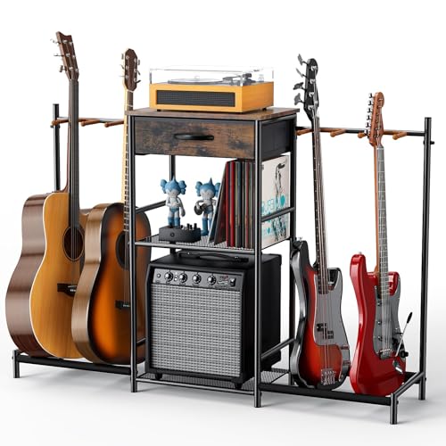 Guitar Stands Floor with 4 Guitar Holders, 3-Tier Guitar Stand Multiple Guitars, Guitar Rack with Amp Stand & Cloth Drawer, Multi Guitar Stand for Music Studio, Guitar Accessories gift for Music Lover Elerator