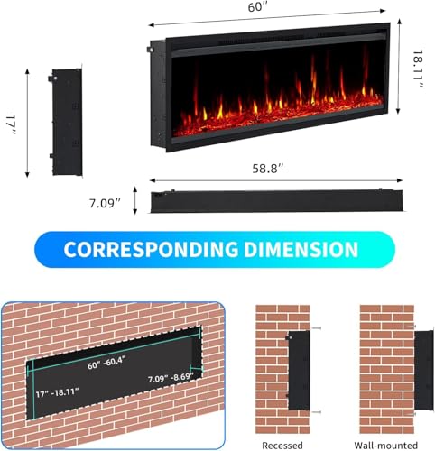 60" Electric Fireplace Wall Mounted & Recessed with Remote Control, 4.2" Ultra-Thin Linear Fireplace Heater 750W/1500W 2 Speed Heating 12 Color Flames 5 Brightness Levels with Timer, Log & Crystal MilleLoom