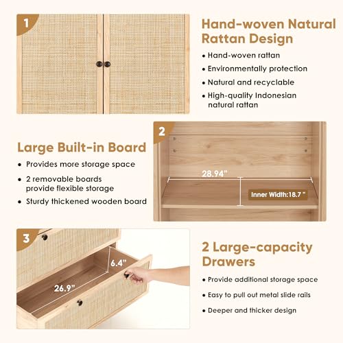 Brafab 74" Natural Rattan Woven Wardrobe Armoire Closet with Hanging Rod, Natural Wooden Armoires Storage Cabinet with Large Drawers and Adjustable Shelves, Tall Freestanding Wooden Closet for Bedroom Brafab