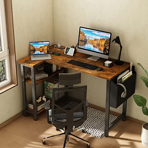 Lufeiya Small L Shaped Desk with Power Outlet Shelves, 40 Inch Corner Desk for Small Space Home Office, L-Shaped Computer Desk PC Desks with Charging Station, Rustic Brown Lufeiya