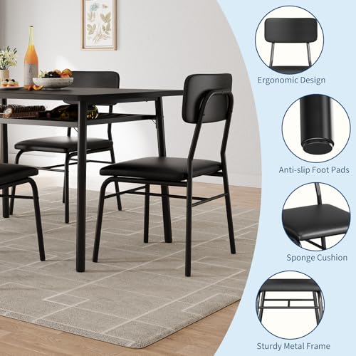 IDEALHOUSE 3-Piece Dining Table Set for 2 with Storage Rack, Wood Kitchen Table with Upholstered Chairs Set of 2, Small Square Table Set with Metal Legs Support, for Dining Room, Living Room, Black IDEALHOUSE