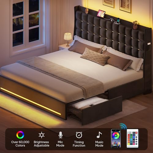DWVO King Size Bed Frame with 4 Drawers and RGB LED Lights, Velvet Upholstered Platform Bed with Charging Station and Storage Headboard, No Box Spring Needed, Easy Assembly, Noise-Free, Grey DWVO