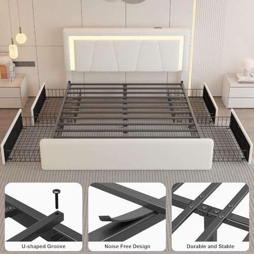 Full Size Bed Frame with 4 Storage Drawers and LED Lights, Upholstered Platform Bed with Adjustable Headboard and Charging Station, Metal Slats Support, No Box Spring Needed,Easy Assembly, White E-Motie