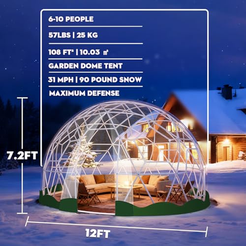 12FT Garden Dome Tent, Geodesic Dome Greenhouse with PVC Clear Cover, Waterproof Garden Bubble Dome Tent House with 2 x 10M Light Strings for Outdoor, Patio, Party (Green, 12.5FT/3.8M) MAPONEEN