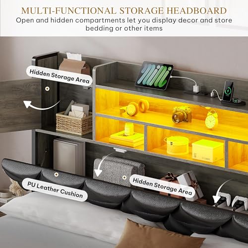 DWVO Queen Size Bed Frame with RGB LED Lights & Storage Bookcase Headboard, Upholstered Bed with Charging Station and 4 Drawers, No Box Spring Needed, Easy Assembly, Noise-Free, PU Leather Black DWVO