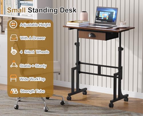 Adjustable Height Standing Desk With Drawer, Rolling Sit Stand Up Desk With Wheels, Small Sit To Stand Computer Desk, Adjustable Desktop Height, On Wheels, Brown, For Walking Pad Laptop Treadmill Cidaziya