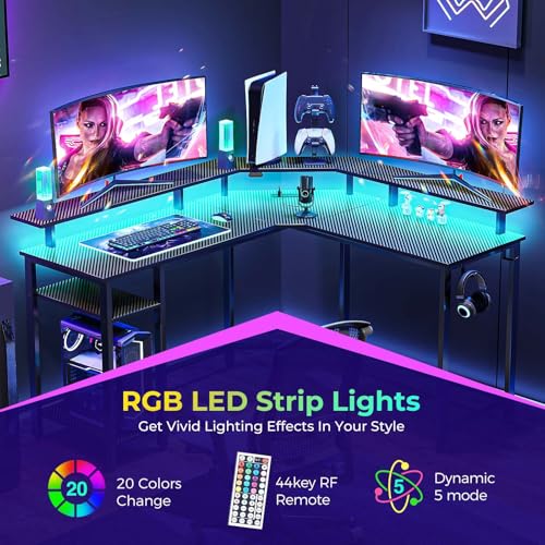 Rolanstar L Shaped Gaming Desk with LED Lights & Power Outlets, 53" Computer Desk with Full Monitor Stand & Storage Shelf, Corner Desk with Hooks, Carbon Fiber Desk Reversible Rolanstar