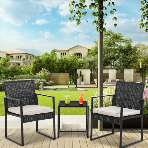 PayLessHere 3-Piece Rattan Wicker Bistro Set Outdoor Conversation Set Sturdy Frame Wicker Furniture with 2 Chairs Cushions Tempered Glass Table for Poolside Balcony Patio Bar Garden (Khaki) PayLessHere