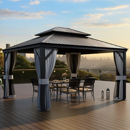 PAMAPIC 12'x14' Hardtop Gazebo, Double Roof Canopy with Netting and Curtains,2-Tier Hardtop Gazebo with Galvanized Iron Aluminum Frame, GardenTent for Backyard, Parties, Garden, Black Pamapic