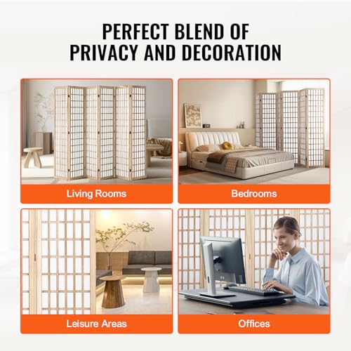 VEVOR Room Divider, 6 Panel Japanese Room Divider, Wood Folding Privacy Screen Indoor, Partition Dividers Portable Decoration Screens, for Room Separation Home Office Restaurant & Bedroom(Natural) VEVOR