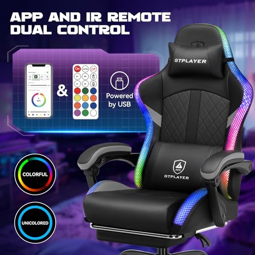 GTPLAYER RGB Gaming Chair, Computer Gamer Chair with Footrest and LED Lights, PC Gamer Chairs for Adults, High Back Reclining Office Chairs, Linkage Armrest (Gray) GTPLAYER